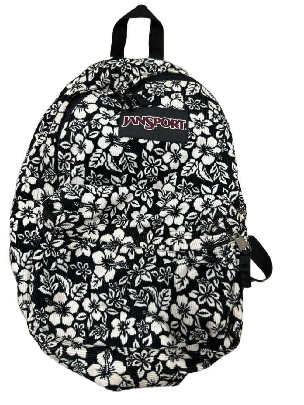 JanSport High Stakes Corduroy Backpack Black and White Floral Hibiscus Print